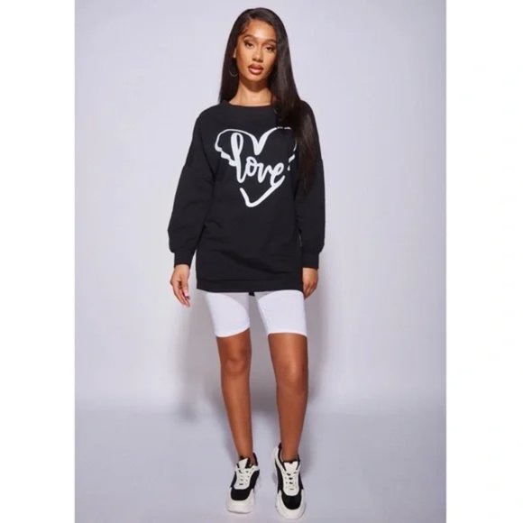 Black Love Print Long Sleeve Loose Fit Oversized Sweatshirt Top - Picture 6 of 10